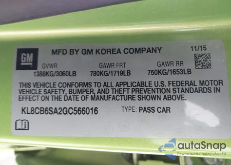 2016 Chevrolet Spark Ls Cvt z USA, uszkodzony, nr VIN KL8CB6SA2GC566016